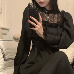 Gothic Black Y2k Dress Women Autumn Casual Lace Long Sleeve One Piece Dress Korean Evening Party Elegant Midi Dress Female