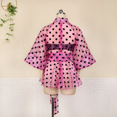 Women White Blouses Polka Dot Peplum See Through Sexy Thin Transparent Half Flare Sleeves Waist Belt Tops Shirt Fashion Bluas Pbong mid size graduation outfit romantic style teen swag clean girl ideas 90s latina aesthetic