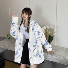 Summer Harajuku Butterfly Hoodie With Zipper Women Sweatshirt  Spring Oversized Hoodies Outerwear Plus Size