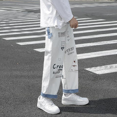 Graffiti jeans men's trendy brand loose straight Korean version of the trend of oversized overalls nine points on the sweatpants
