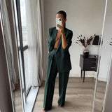 Woman Elegant Dark Green Straight Blazer Suits Autumn Female Solid Basic Matching Set Ladies Medium Waisted Pants Suit