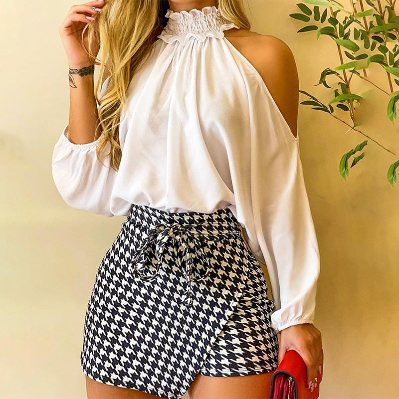 Women Frill Hem Shirred Neck Cold Shoulder Top & Houndstooth Wrap Tie Front Skorts Set Autumn Two Piece Sexy Bodycon Skirts Suit