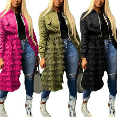 Jacket Women Long Sleeve zipper dress coat  mesh lace Ruffle Patchwork long Jacket