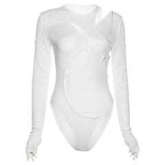 Summer Solid Color Bodysuit See-Through Sexy Hollow Design Women Top Jumpsuits Slim Fit For High Street Clubwear Female