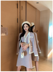 New  Autumn Winter Knitted 2 Piece Set Women Single-Breasted Houndstooth Cardigan Jacket Warm Sweater Coat+Knit Vest Dress