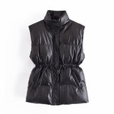 Women  Fashion Leather Cotton Pocket Padded Waistcoat Vintage Sleeveless Female Outerwear Streetwear