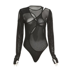 Summer Solid Color Bodysuit See-Through Sexy Hollow Design Women Top Jumpsuits Slim Fit For High Street Clubwear Female
