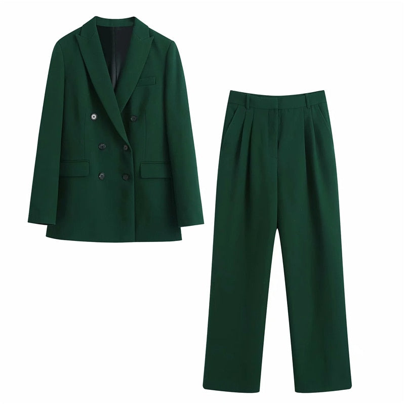 Woman Elegant Dark Green Straight Blazer Suits Autumn Female Solid Basic Matching Set Ladies Medium Waisted Pants Suit