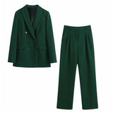 Woman Elegant Dark Green Straight Blazer Suits Autumn Female Solid Basic Matching Set Ladies Medium Waisted Pants Suit