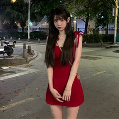 Red Mini Dresses Women Bandage Spaghetti Strap Summer Fashion Vintage Ins Streetwear All-match Sexy A-line Design Casual Vestido