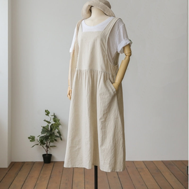 New Summer Dress Ladies Dress Plus Size XL- 5XL Cotton Linen Women Tank Vestidos Sleeveless Robe Dress Pockets Clothes
