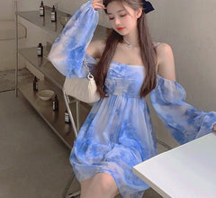 Mini Dress Women Tie Dye Mesh Tender Fashion Spaghetti Strap Long Sleeve Design Retros Casual Cute Japanese Style High Quality