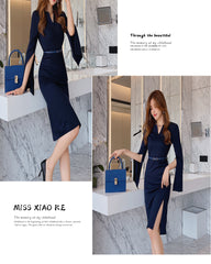 New V-Neck Split Vintage Vestidos Simple Chic Work Wear Dress Women Office Bodycon Sheath Casual Pencil Dresses