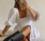 White Backless Casual Dress Women Short Puff Sleeve A Line Summer Sexy Beach Square Neck Elegant Party Mini Dresses