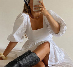 White Backless Casual Dress Women Short Puff Sleeve A Line Summer Sexy Beach Square Neck Elegant Party Mini Dresses