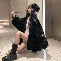 Outerwear Sequins Fashion Hooded Women Cotton Jacket Winter New Large Size Thick Loose Korean Women's Cotton Jacket JK244