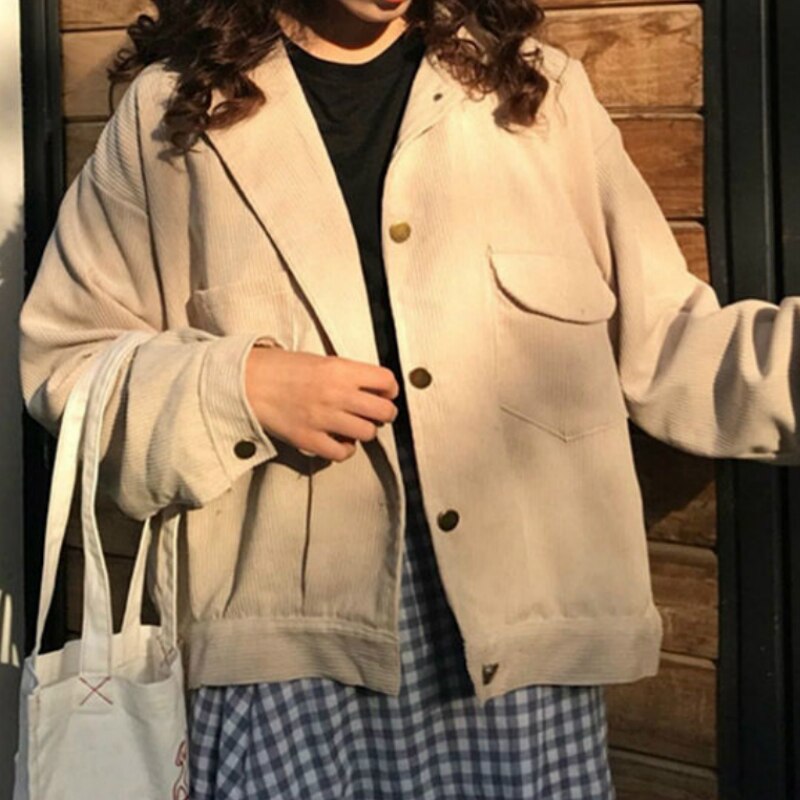 Thin Ulzzang Loose Newest Femme Coats Button Chic Vintage Tops Basic Jackets Women Solid Spring Corduroy All-match Short Casual