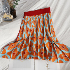 Summer Runway Knit Skirt Suit Women Short Sleeve Flower Sweater Top+Mini Pleated Skirt Set Girls Student 2pcs Suit