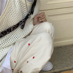 Women's Jeans Streetwear Casual Heart Shaped Embroidery Elastic Waist Vintage Baggy Straight Denim Trouser Mom Wide Leg Pants