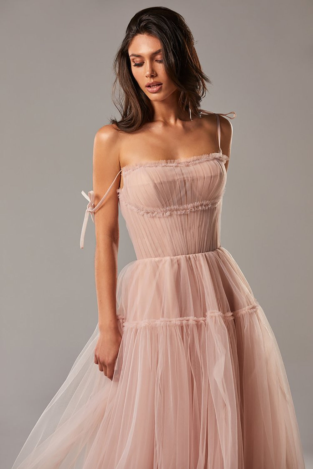 Blush Pink/Blue Long Prom Dresses Spaghetti Straps Tiered Skirt A-Line Party Dresses Ple