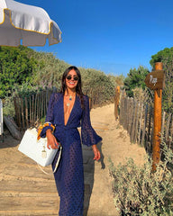 Jacquard Navy Beach Dress Long Beach Cover up Woman Swimwear Bikini Tunic Long Pareos Robe Plage Beachwear Outfit