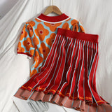 Summer Runway Knit Skirt Suit Women Short Sleeve Flower Sweater Top+Mini Pleated Skirt Set Girls Student 2pcs Suit