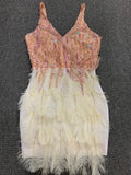 High Quality Pink White Feathers Rayon Bandage Dress Elegant Night Club Party Dress Vestidos