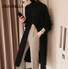 Korean Style Turtleneck Long fall winter Sweater Dress Side split Female Pullover mujer sueteres