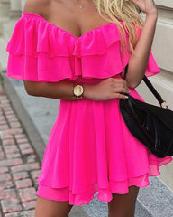Pbong mid size graduation outfit romantic style teen swag clean girl ideas 90s latina aestheticElegant Off Shoulder Ruffle Fit Flare Dress Women Solid Casual Dress Summer Dress Mini Elegant Dress