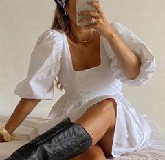 White Backless Casual Dress Women Short Puff Sleeve A Line Summer Sexy Beach Square Neck Elegant Party Mini Dresses