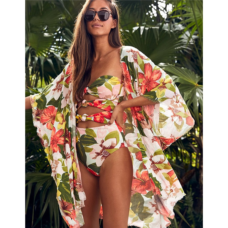 Leaves Print Swimsuit Beach Cover Up Tunics for Beach Long Kaftan Bikini Cover Up Robe De Plage Sarong Beach Swimsuit Cover-Ups