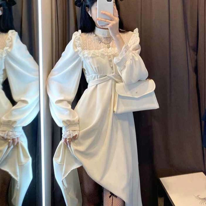 French Lace Vintage Dress Women Fashion Puffer Sleeve Elegant One Piece Dress Korean Spring High Street Slim Midi Dress Y2k