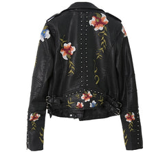 Ailegogo Spring Autumn Flowers Embroidery Pu Leather Jacket Women Turn-down Collar Rivet Zipper Black Biker Coats Tops Clothes