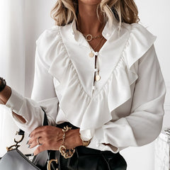 Autumn Winter Long Sleeve V-Neck Shirts Tops Ladies Polka Dot Print Ruffle Blouse Shirt Elegant Office Women Button Blusas