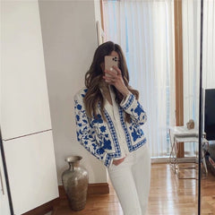 Woman Elegant Blue Embroidery Cotton Jacket Spring Chic Female Loose Soft Button Outwear Ladies Streetwear Floral Jackets