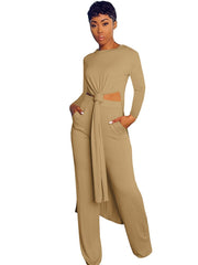 New Arrival Fashion Design two pieces  Sexy Women Set Solid O-neck Long Top  And  Long Pants  Summer  Outfits