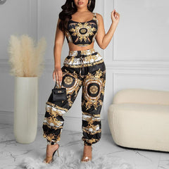 Summer Women Black Clubwear Two Piece Suit Sets Sleeveless Scarf Print Crop Top &amp; High Waist Casual Long Pants Set