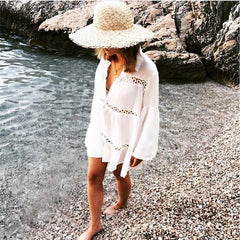Women Swimsuit Cover Ups Mandarin Sleeve Kaftan Beach Tunic Dress Robe De Plage Solid White Pareo Beach Cover-ups Pbong mid size graduation outfit romantic style teen swag clean girl ideas 90s latina aesthetic