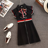 New  Summer Runway Designer Women Retro Butterfly Sleeveless Bow Tie Collar Ruffles Weave Striped Zipper Up Mini Dress