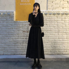 Dress Women Autumn Chic Simple Elegant Puff Sleeve Vintage Black Ladies Streetwear Party Daily V-neck Female Clothing Vestidos