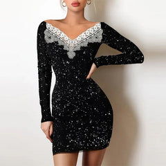 Women Elegant Patchwork Hollow Out Dress New Spring Turtleneck Shiny Silk Club Party Dress Autumn Mesh Long Sleeve Bodycon Dress