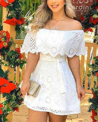 Summer Solid Off Shoulder Broderie Lace Mini White Mini Dress Skinny Bodycon With Sashes Sexy