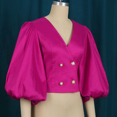 Women Tops Blouse Long Lantern Sleeves Double Buttons V Neck Shiny Glitter Party Classy Ladies Autumn Christmas  New Female  Pbong mid size graduation outfit romantic style teen swag clean girl ideas 90s latina aesthetic