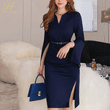 New V-Neck Split Vintage Vestidos Simple Chic Work Wear Dress Women Office Bodycon Sheath Casual Pencil Dresses