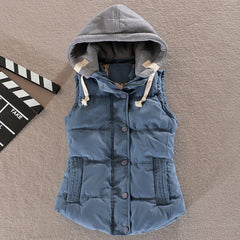 winter women solid thick vest hooded casual female warm outwear cotton padded office ladies single breasted chaleco mujer
