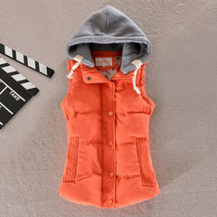 winter women solid thick vest hooded casual female warm outwear cotton padded office ladies single breasted chaleco mujer
