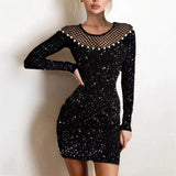 Women Elegant Patchwork Hollow Out Dress New Spring Turtleneck Shiny Silk Club Party Dress Autumn Mesh Long Sleeve Bodycon Dress