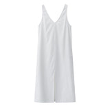 Summer Women Solid White V Neck Sleeveless Fashion Dress Split Tank Dress
