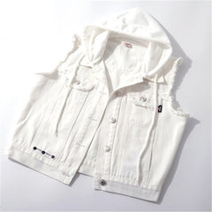 Plus Size 5XL White Hooded Denim Vest Coat Women New Autumn Casual Short Sleeveless Jacket Single-Breasted Jeans Waistcoat G1035