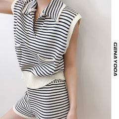 Genayooa Striped Kniited Two Piece Set Women Top And Shorts Casual Sleeveless 2 Piece Outfits For Women Summer Korean Fashion